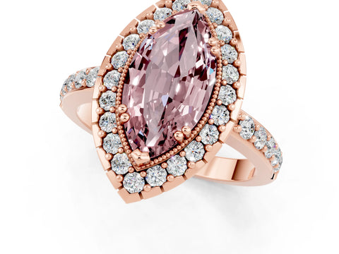 Rose gold Marquise Cut Diamond Halo Ring with Pavé Band and Prong Setting_1