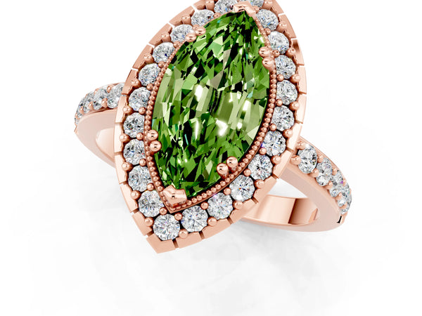 Rose gold Marquise Cut Peridot Halo Ring with Pavé Band and Prong Setting