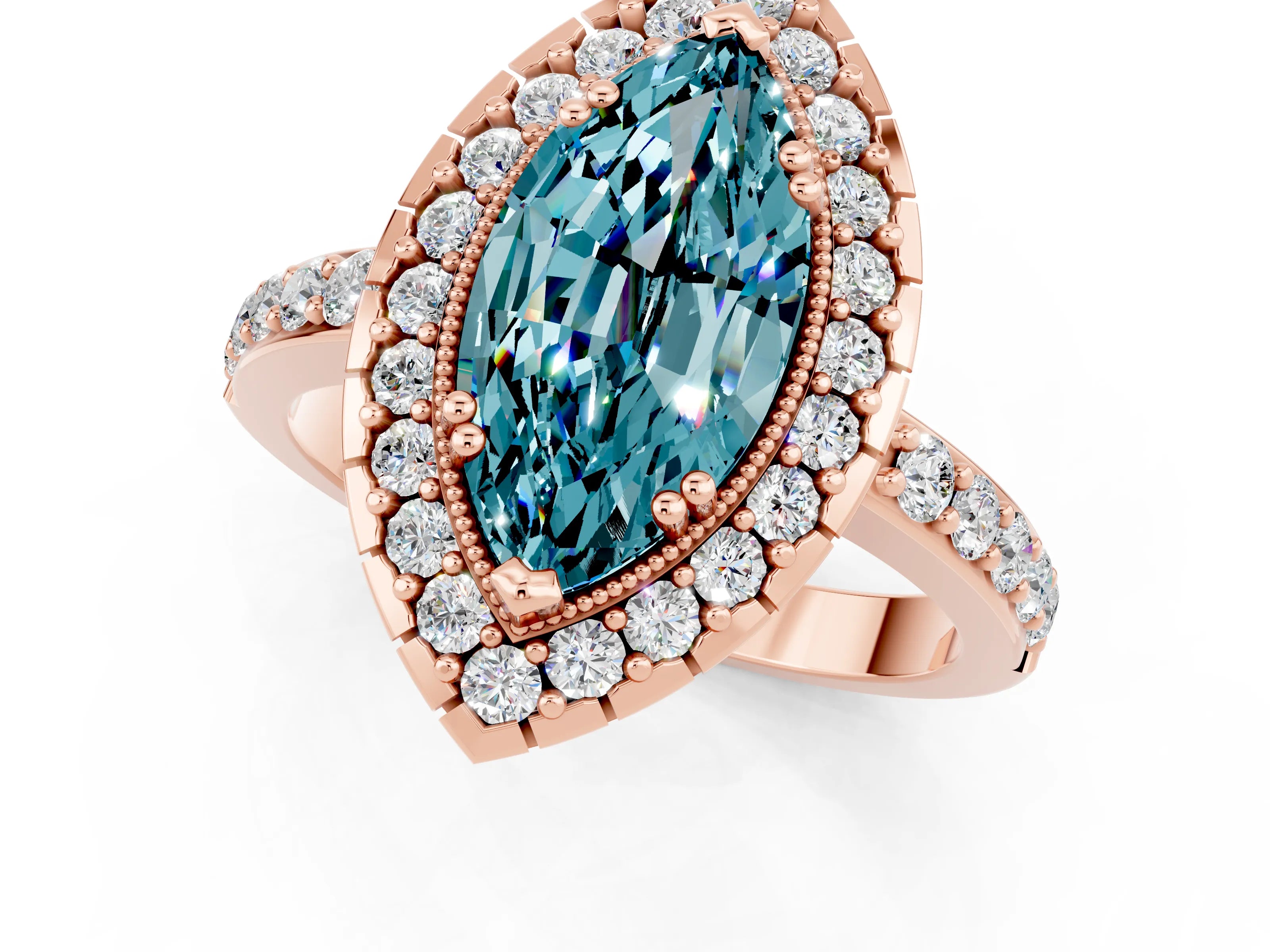 Rose gold Marquise Cut Diamond Halo Ring with Pavé Band and Prong Setting_1