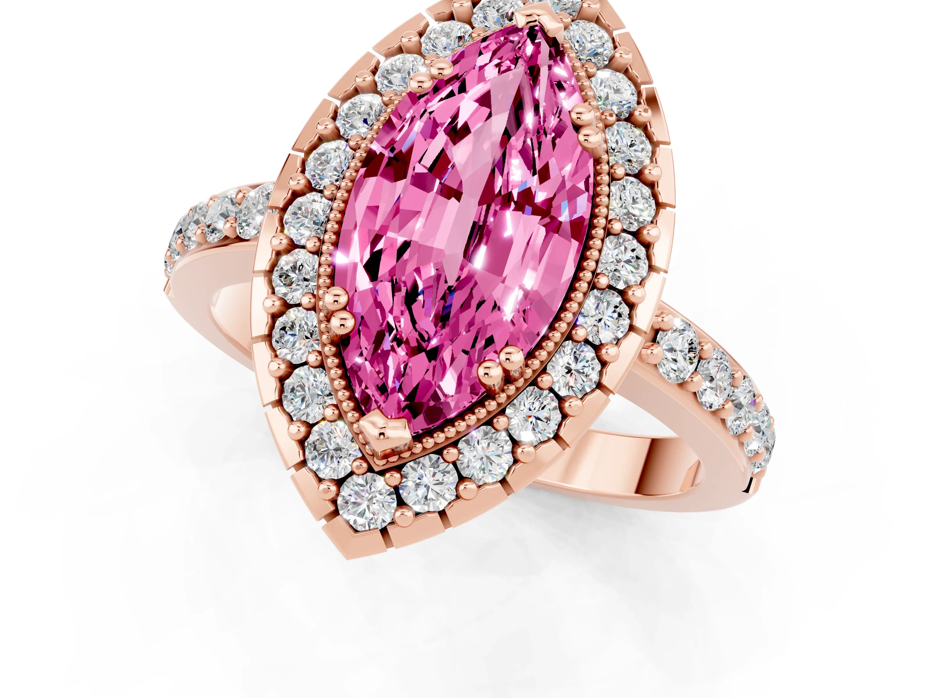 Rose gold Marquise Cut Diamond Halo Ring with Pavé Band and Prong Setting_1
