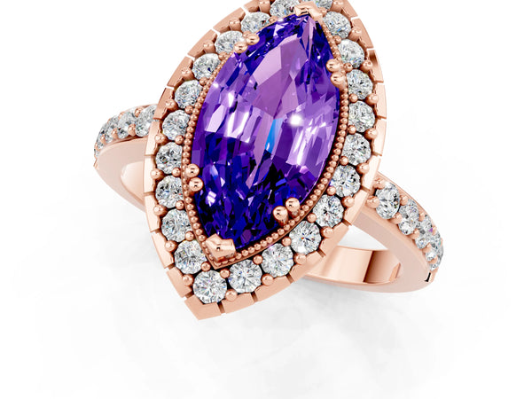 Rose gold Marquise Cut Tanzanite Halo Ring with Pavé Band and Prong Setting
