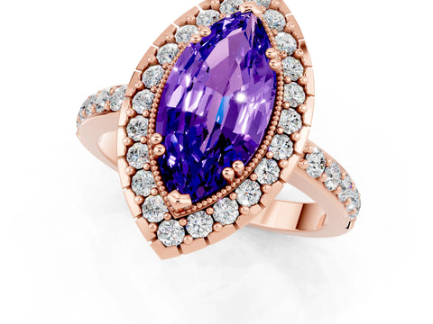 Rose gold Marquise Cut Diamond Halo Ring with Pavé Band and Prong Setting_1