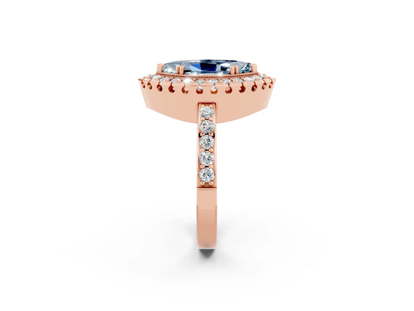 Rose gold Marquise Cut Aquamarine Halo Ring with Pavé Band and Prong Setting