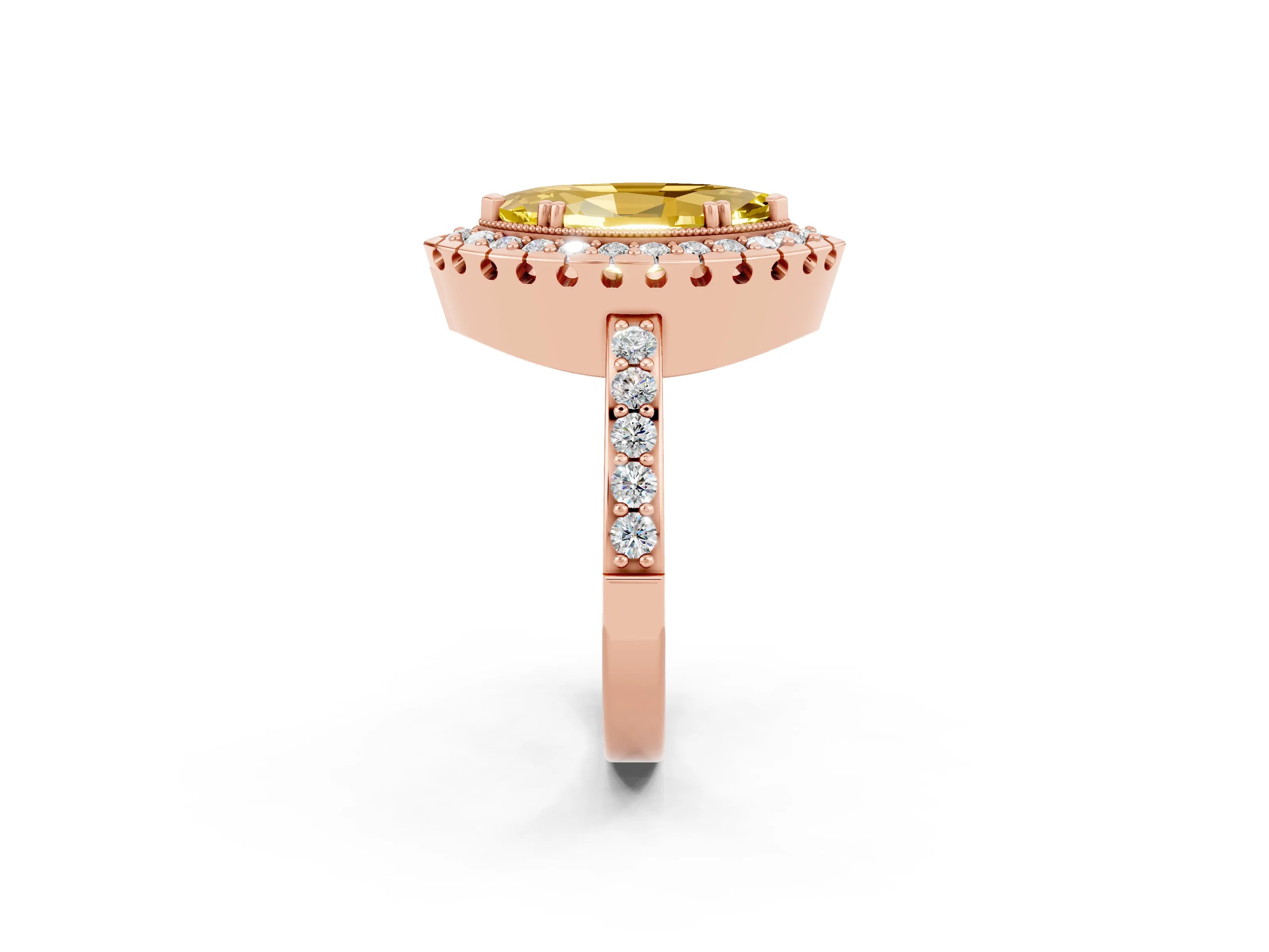 Rose gold Marquise Cut Diamond Halo Ring with Pavé Band and Prong Setting_2