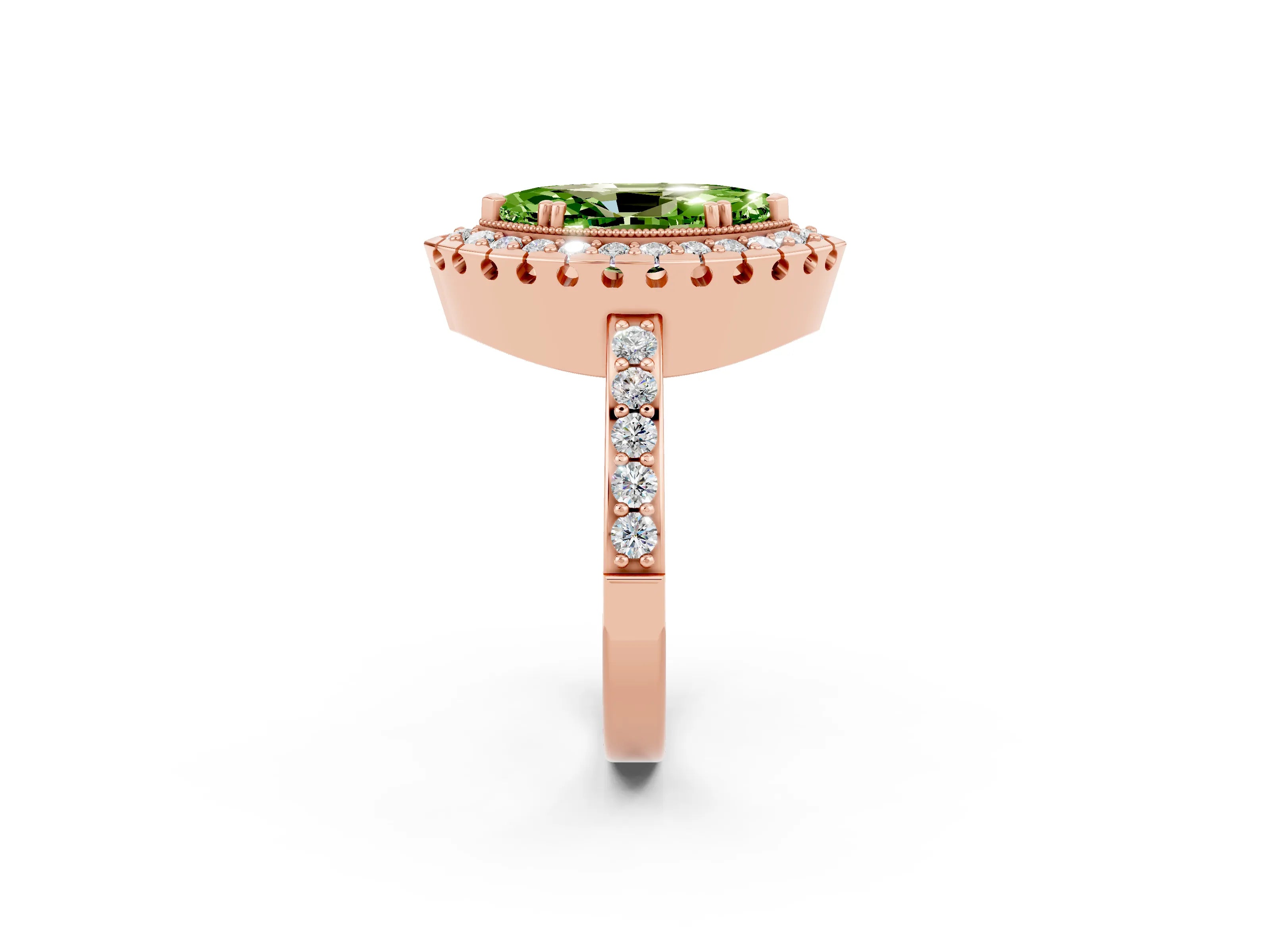 Rose gold Marquise Cut Diamond Halo Ring with Pavé Band and Prong Setting_2
