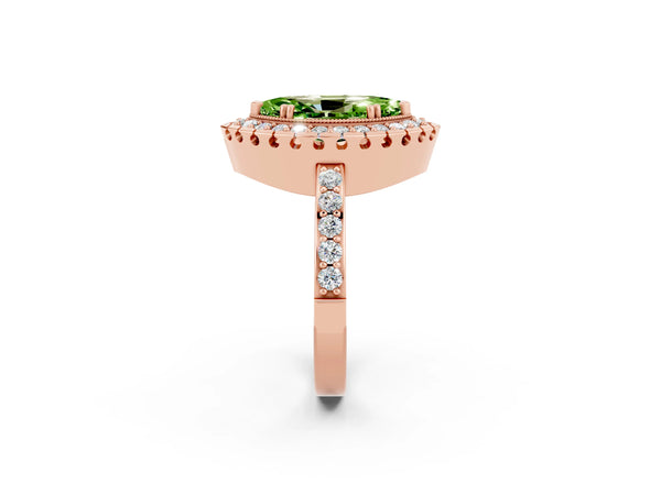 Rose gold Marquise Cut Peridot Halo Ring with Pavé Band and Prong Setting