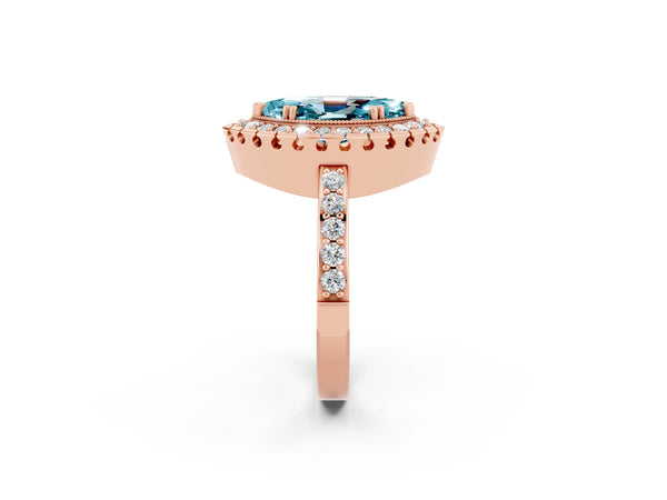Rose gold Marquise Cut Blue Topaz Halo Ring with Pavé Band and Prong Setting