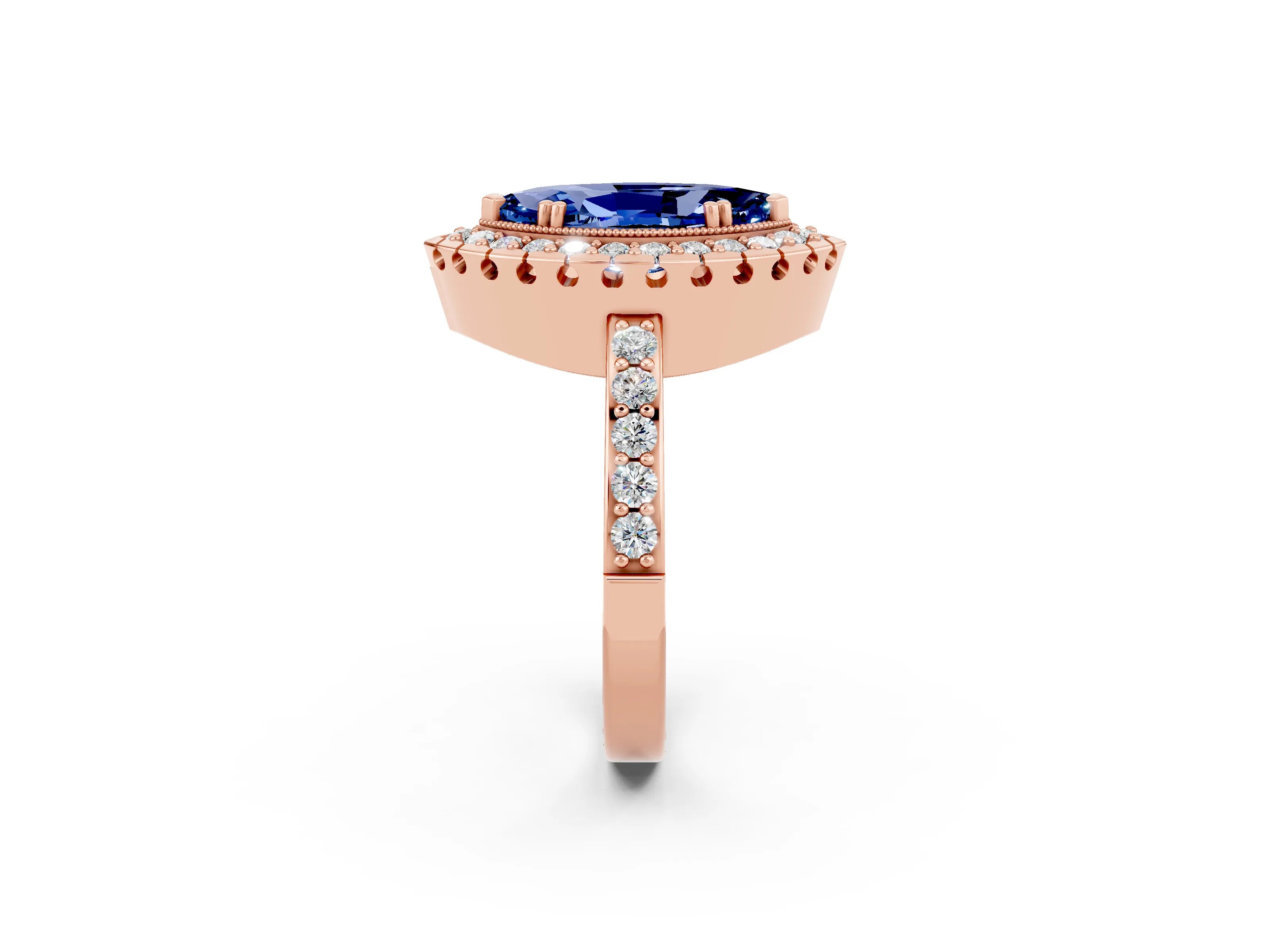 Rose gold Marquise Cut Diamond Halo Ring with Pavé Band and Prong Setting_2