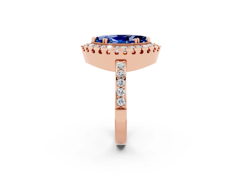 Rose gold Marquise Cut Diamond Halo Ring with Pavé Band and Prong Setting_2