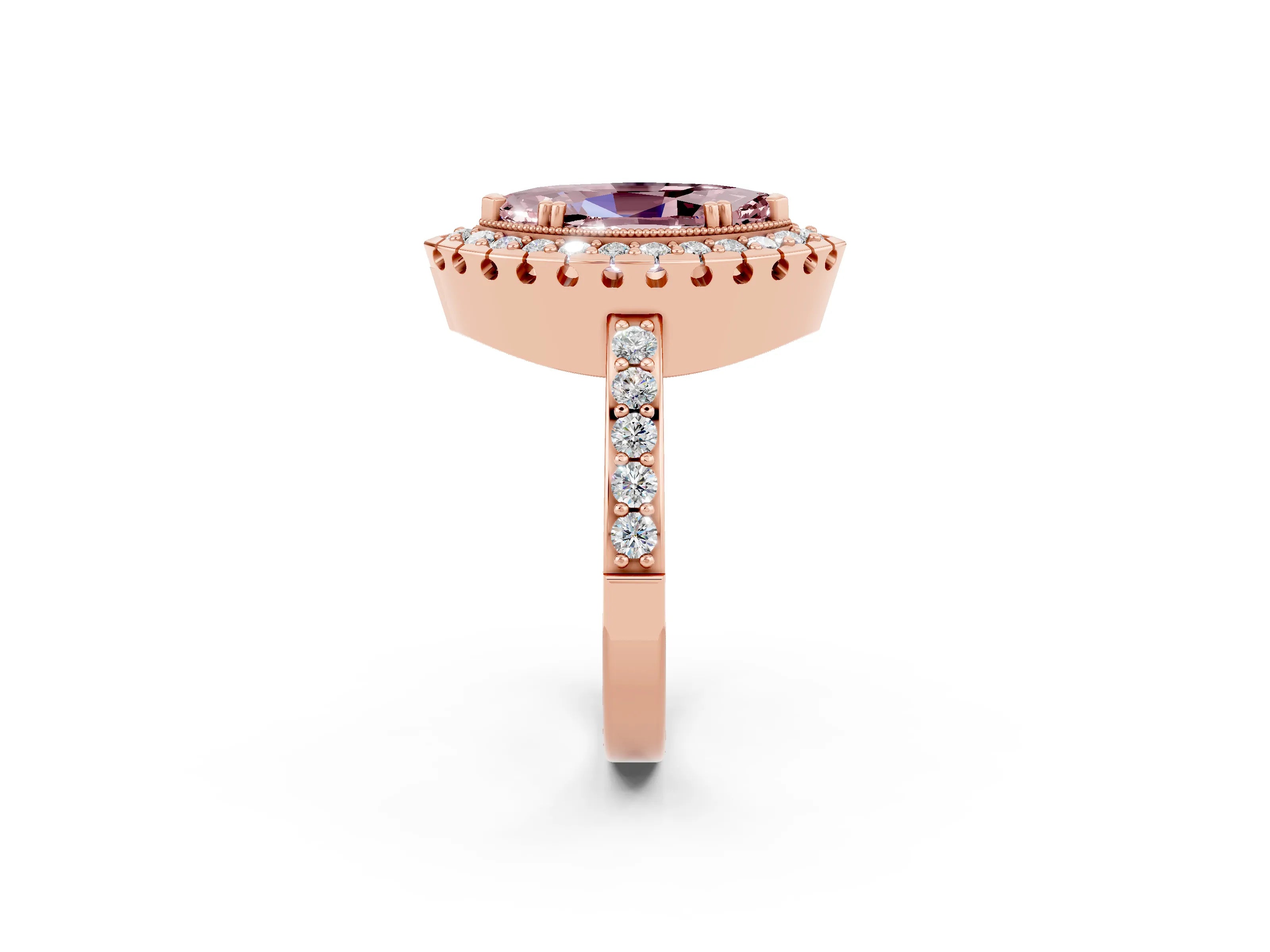Rose gold Marquise Cut Diamond Halo Ring with Pavé Band and Prong Setting_2