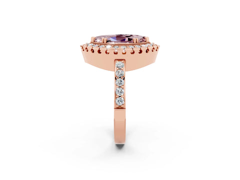 Rose gold Marquise Cut Diamond Halo Ring with Pavé Band and Prong Setting_2