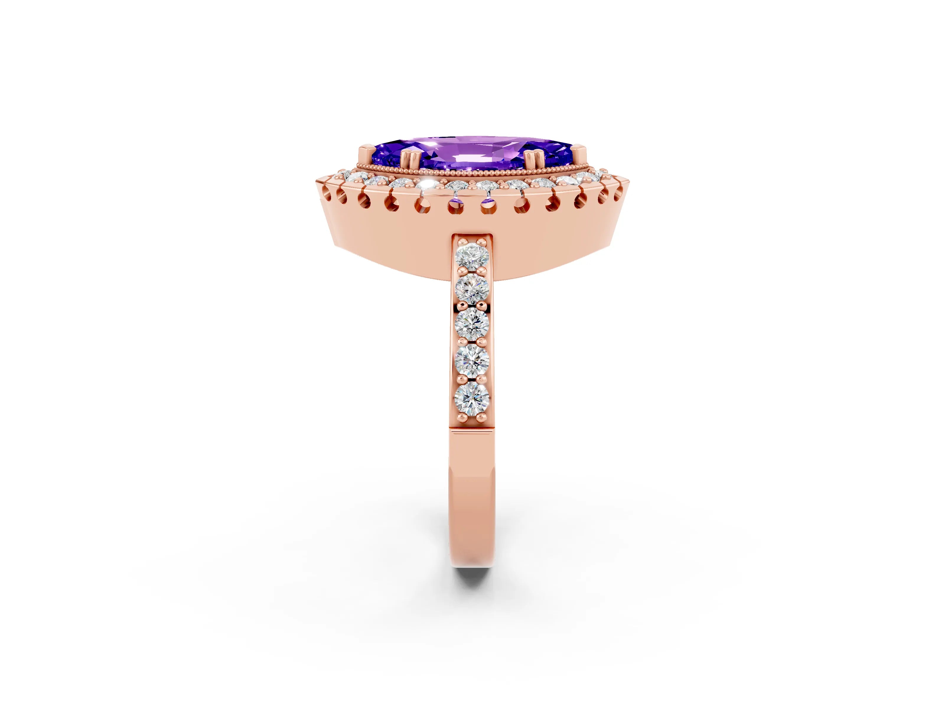 Rose gold Marquise Cut Diamond Halo Ring with Pavé Band and Prong Setting_2