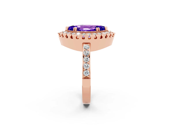Rose gold Marquise Cut Tanzanite Halo Ring with Pavé Band and Prong Setting