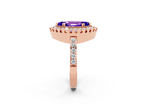 Rose gold Marquise Cut Diamond Halo Ring with Pavé Band and Prong Setting_2