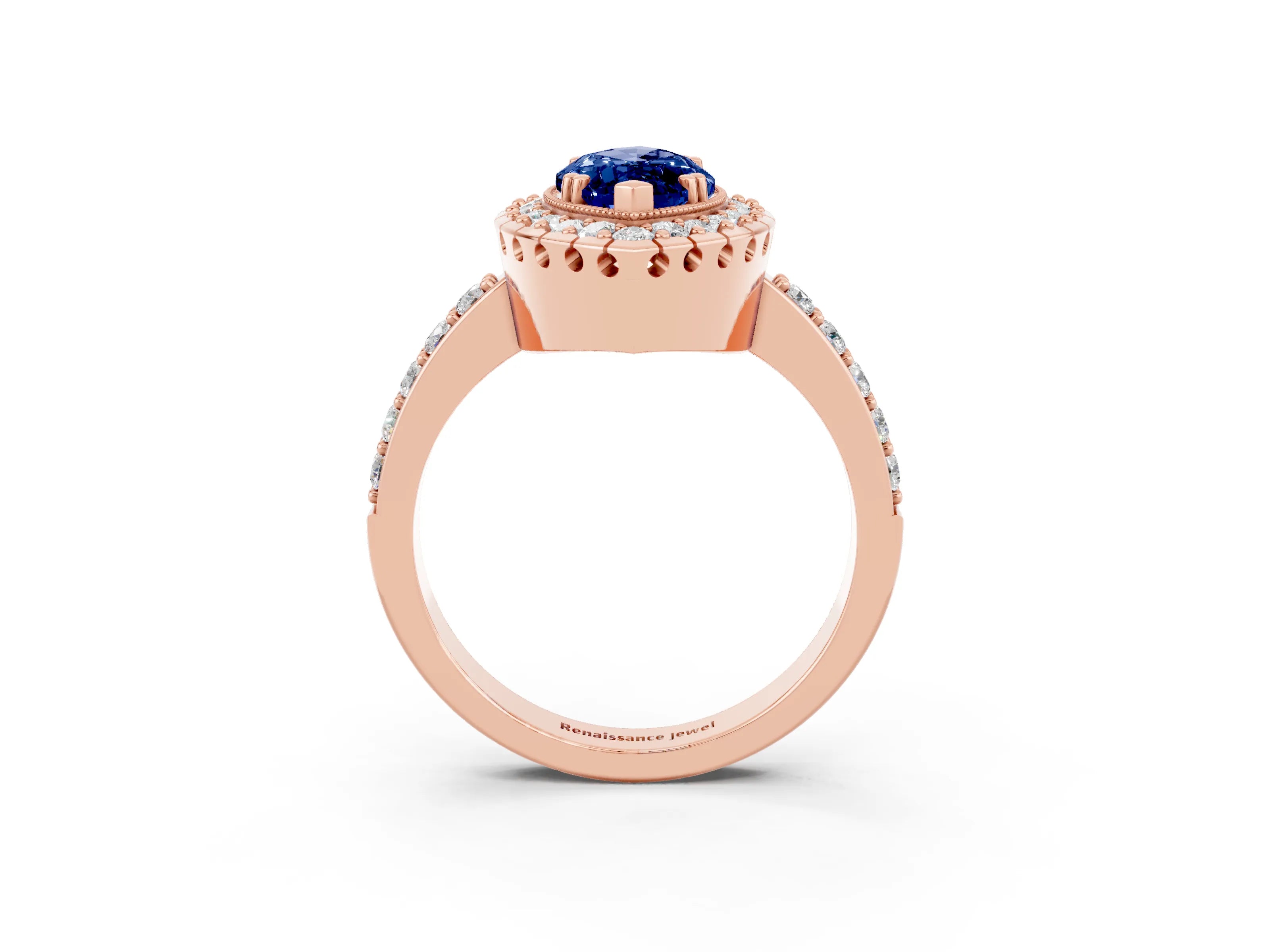 Rose gold Marquise Cut Diamond Halo Ring with Pavé Band and Prong Setting_3