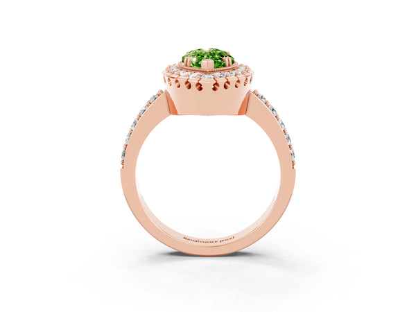 Rose gold Marquise Cut Peridot Halo Ring with Pavé Band and Prong Setting