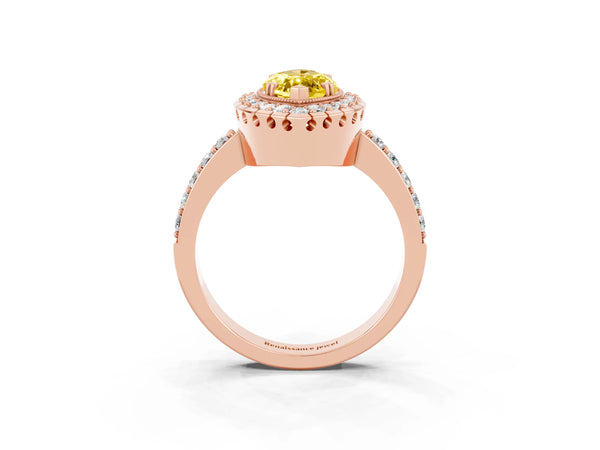 Rose gold Marquise Cut Yellow Sapphire Halo Ring with Pavé Band and Prong Setting