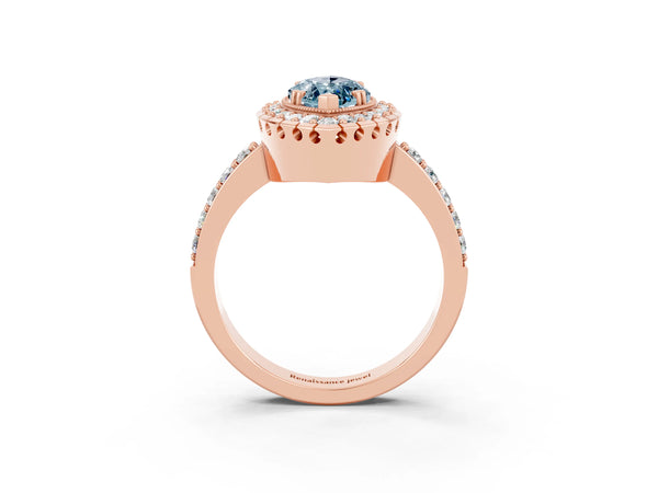 Rose gold Marquise Cut Aquamarine Halo Ring with Pavé Band and Prong Setting
