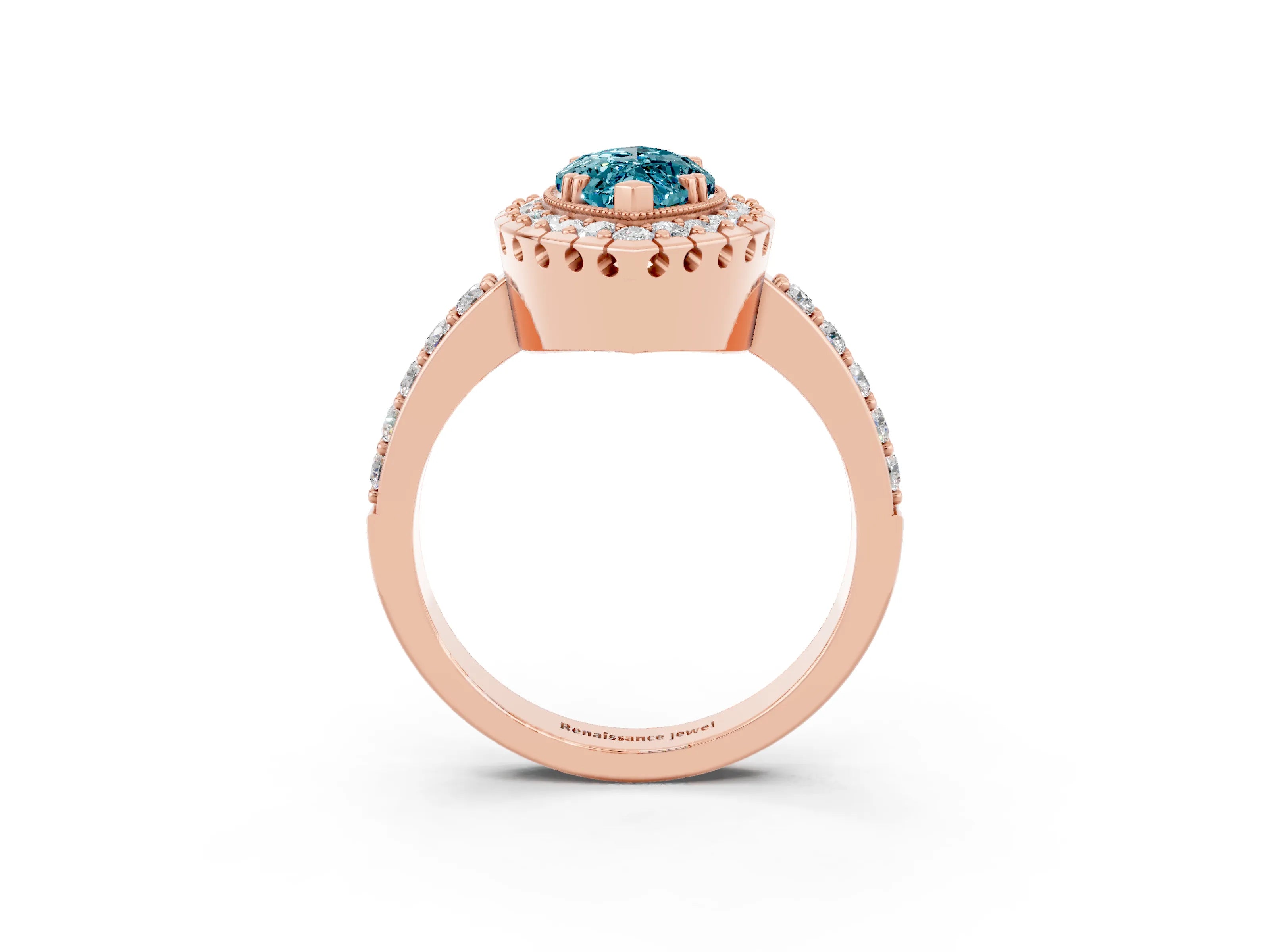 Rose gold Marquise Cut Diamond Halo Ring with Pavé Band and Prong Setting_3