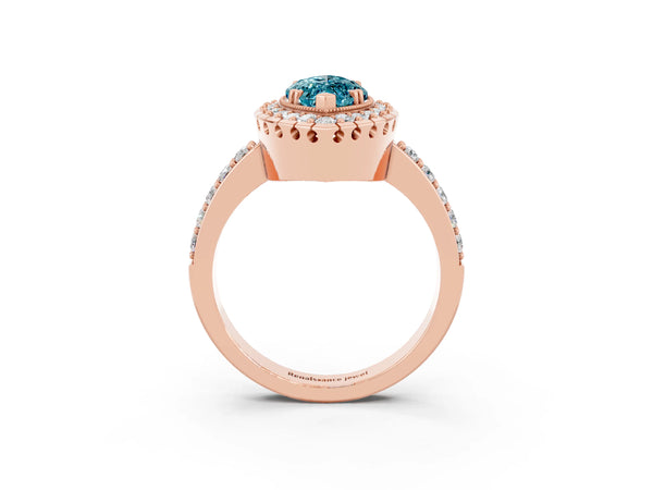 Rose gold Marquise Cut Blue Topaz Halo Ring with Pavé Band and Prong Setting