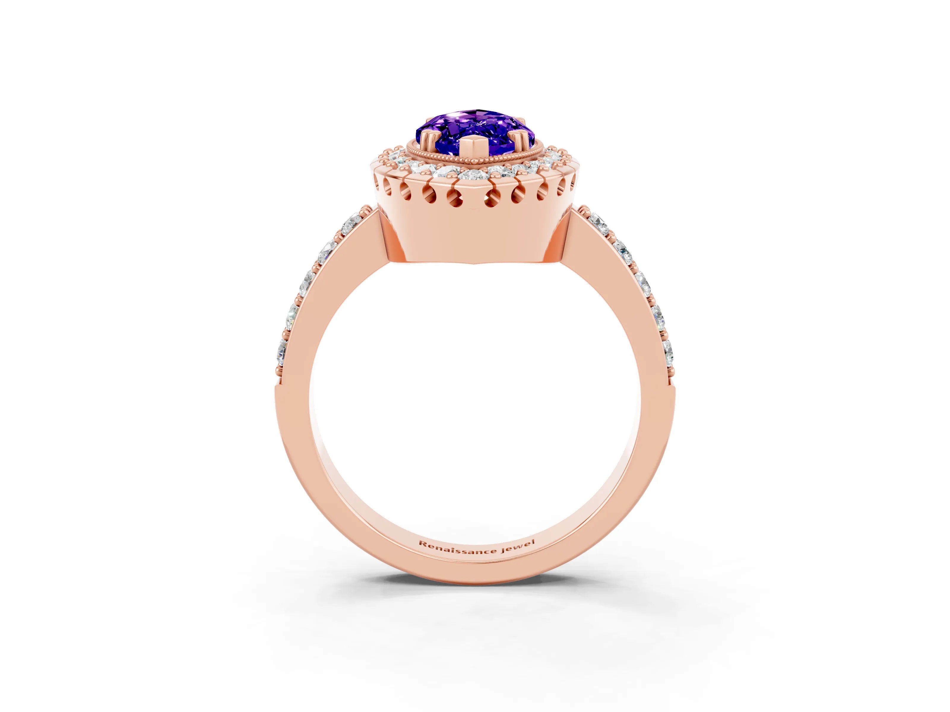 Rose gold Marquise Cut Diamond Halo Ring with Pavé Band and Prong Setting_3