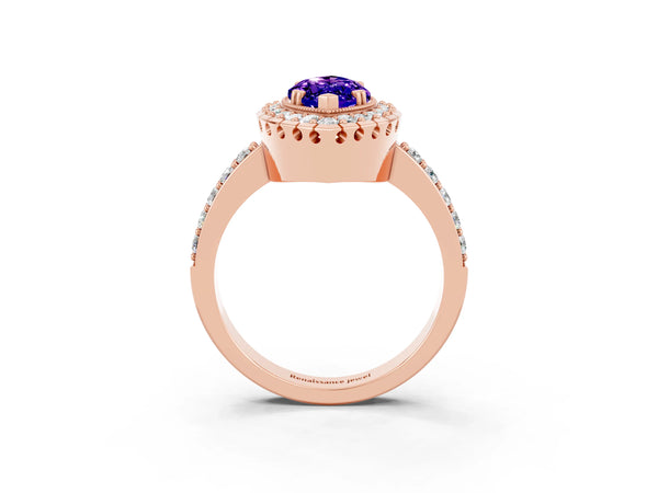 Rose gold Marquise Cut Tanzanite Halo Ring with Pavé Band and Prong Setting