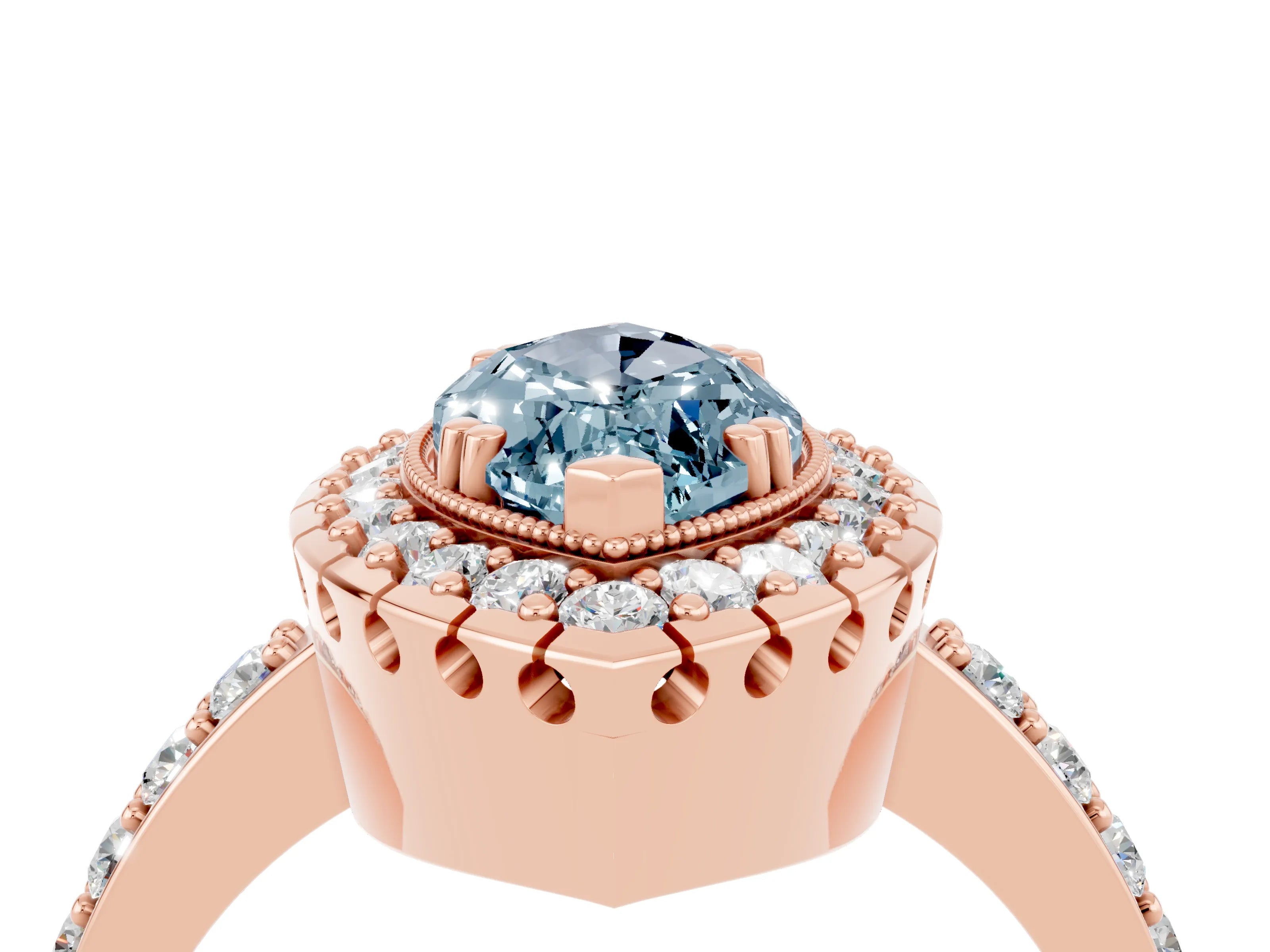 Rose gold Marquise Cut Diamond Halo Ring with Pavé Band and Prong Setting_4
