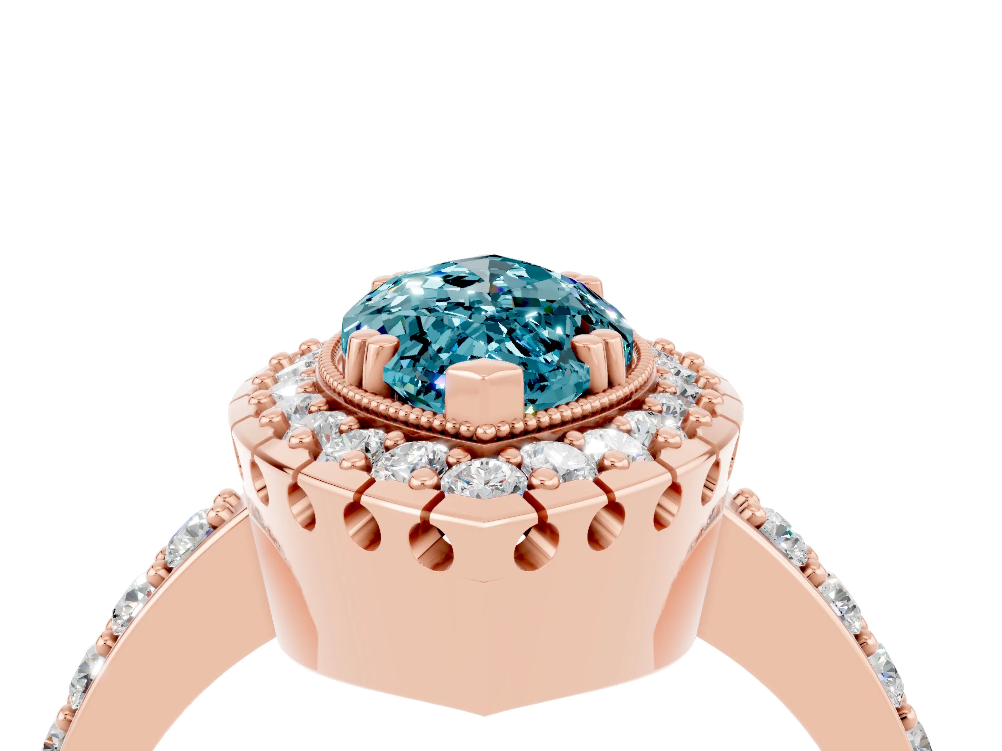 Rose gold Marquise Cut Diamond Halo Ring with Pavé Band and Prong Setting_4