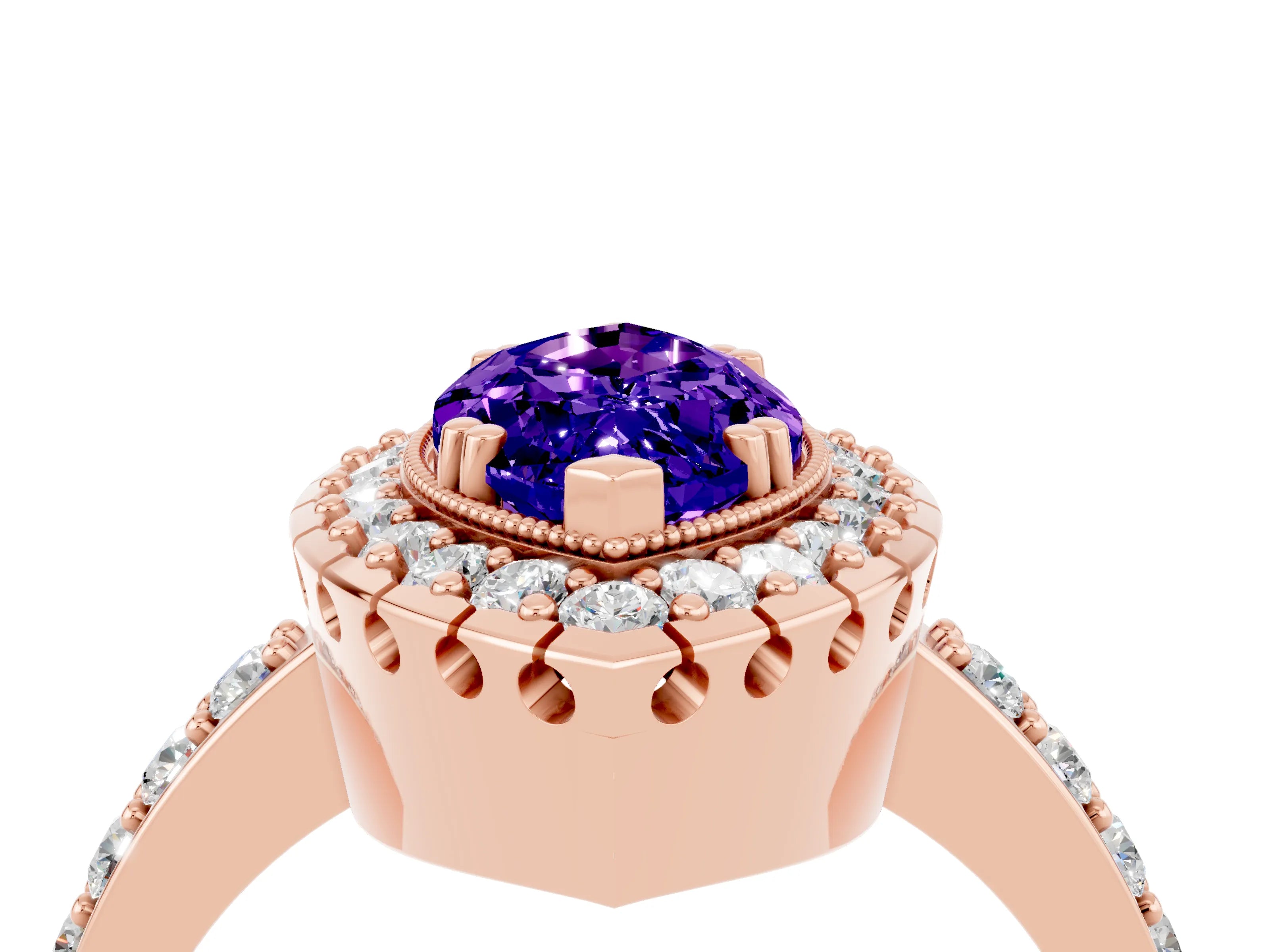 Rose gold Marquise Cut Diamond Halo Ring with Pavé Band and Prong Setting_4