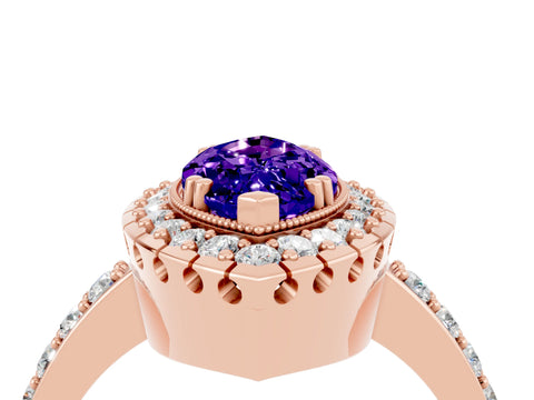 Rose gold Marquise Cut Diamond Halo Ring with Pavé Band and Prong Setting_4