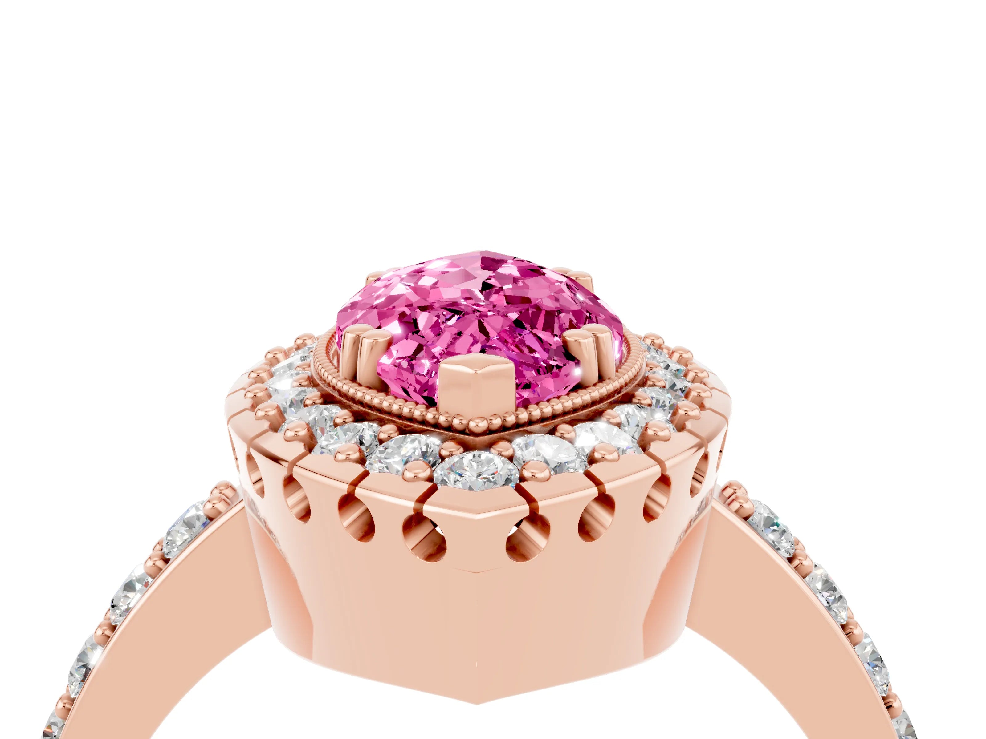 Rose gold Marquise Cut Diamond Halo Ring with Pavé Band and Prong Setting_4