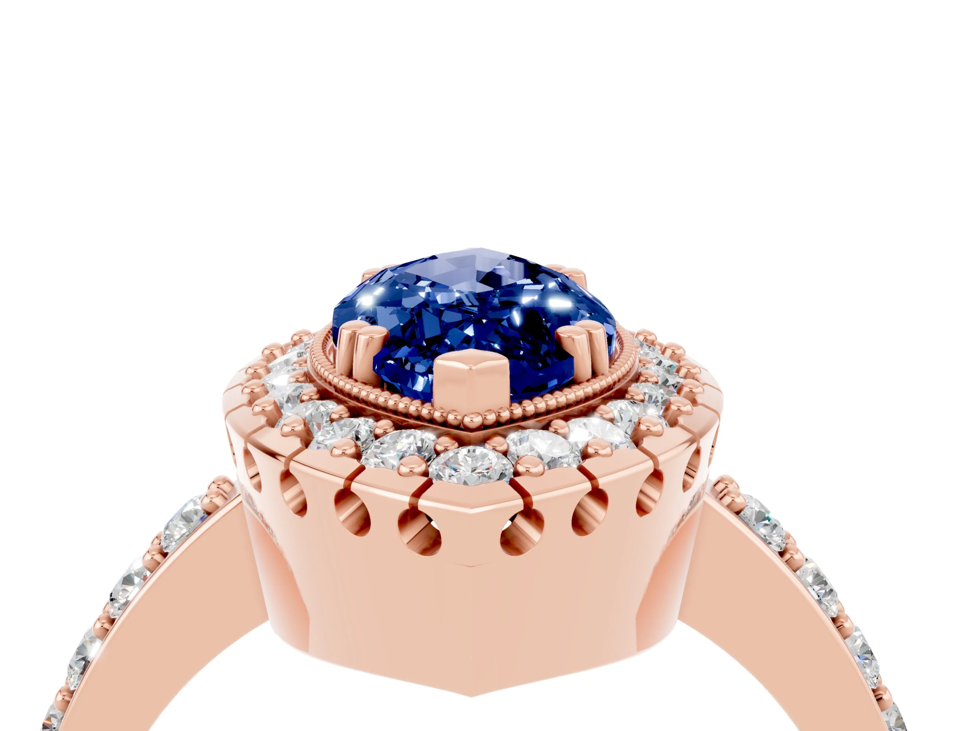 Rose gold Marquise Cut Diamond Halo Ring with Pavé Band and Prong Setting_4