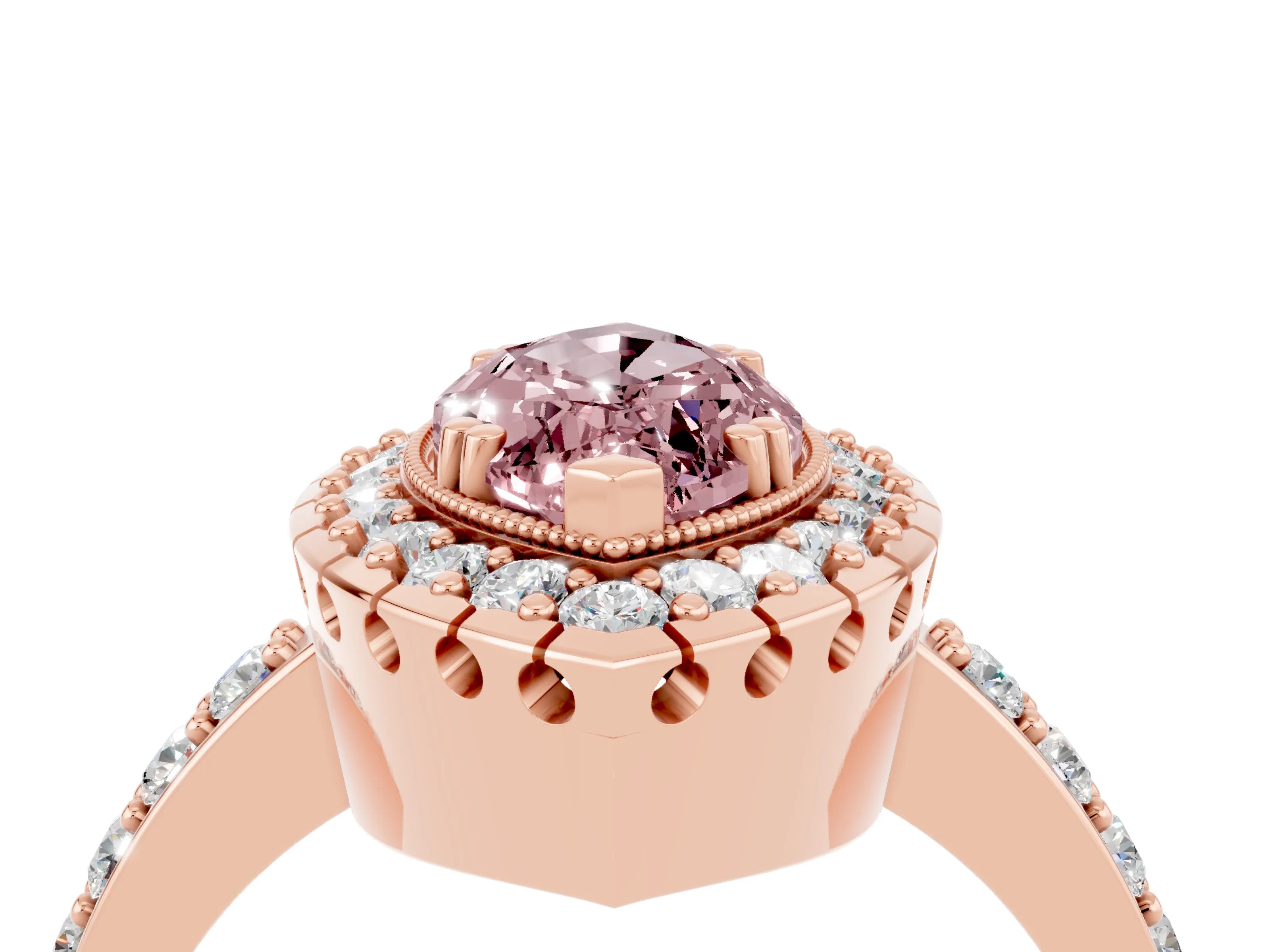 Rose gold Marquise Cut Diamond Halo Ring with Pavé Band and Prong Setting_4