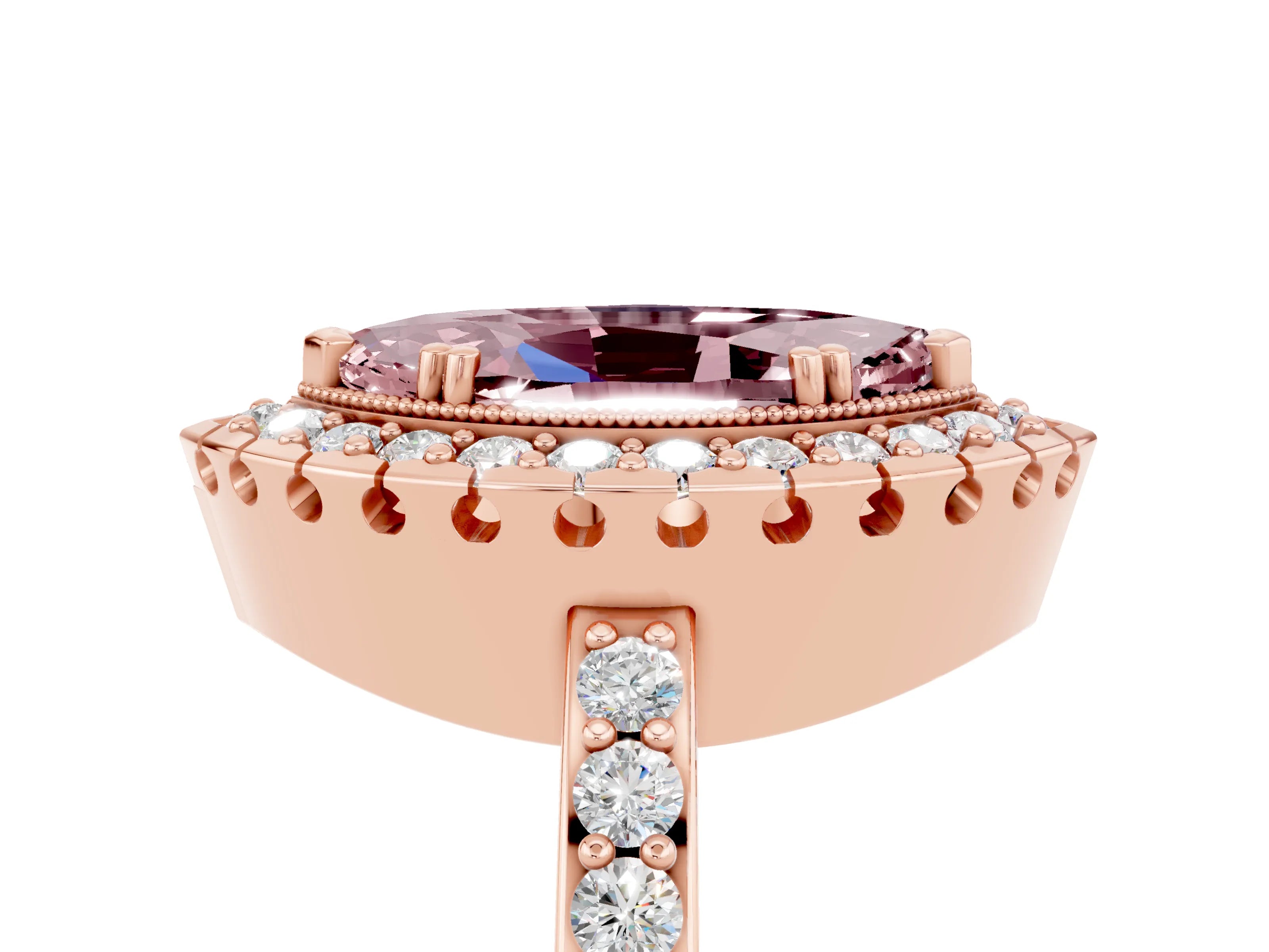 Rose gold Marquise Cut Diamond Halo Ring with Pavé Band and Prong Setting_5