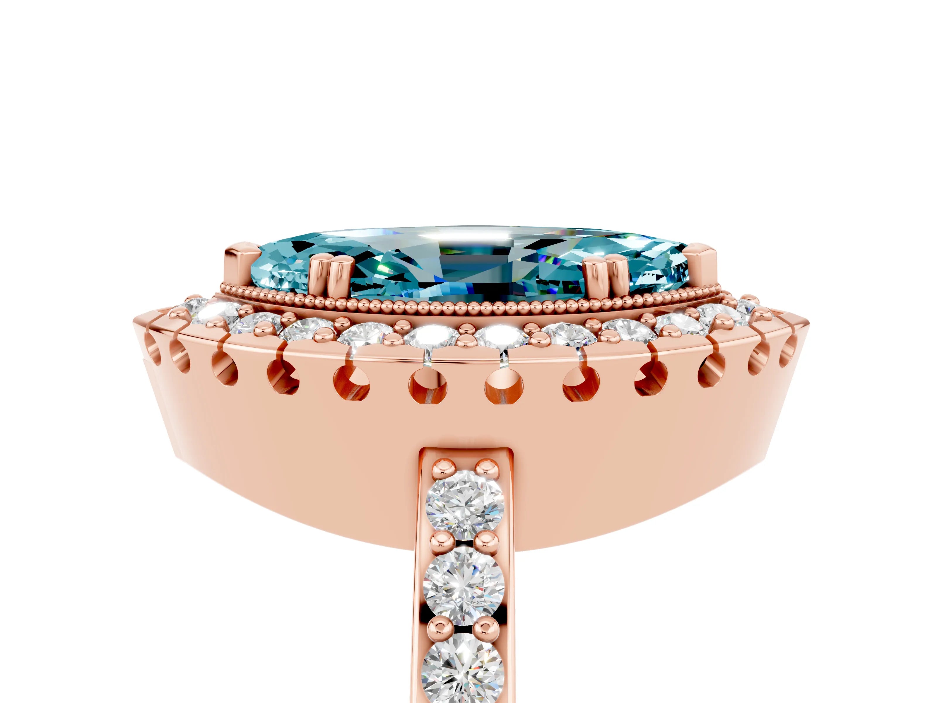 Rose gold Marquise Cut Diamond Halo Ring with Pavé Band and Prong Setting_5