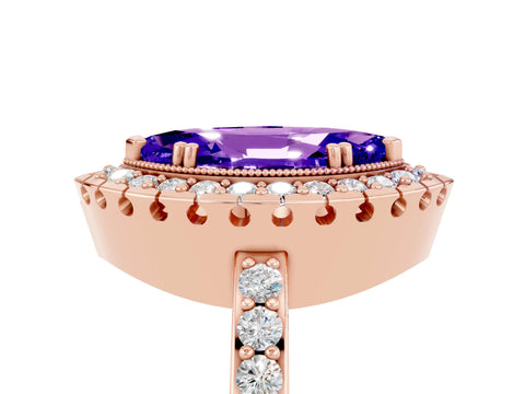 Rose gold Marquise Cut Diamond Halo Ring with Pavé Band and Prong Setting_5