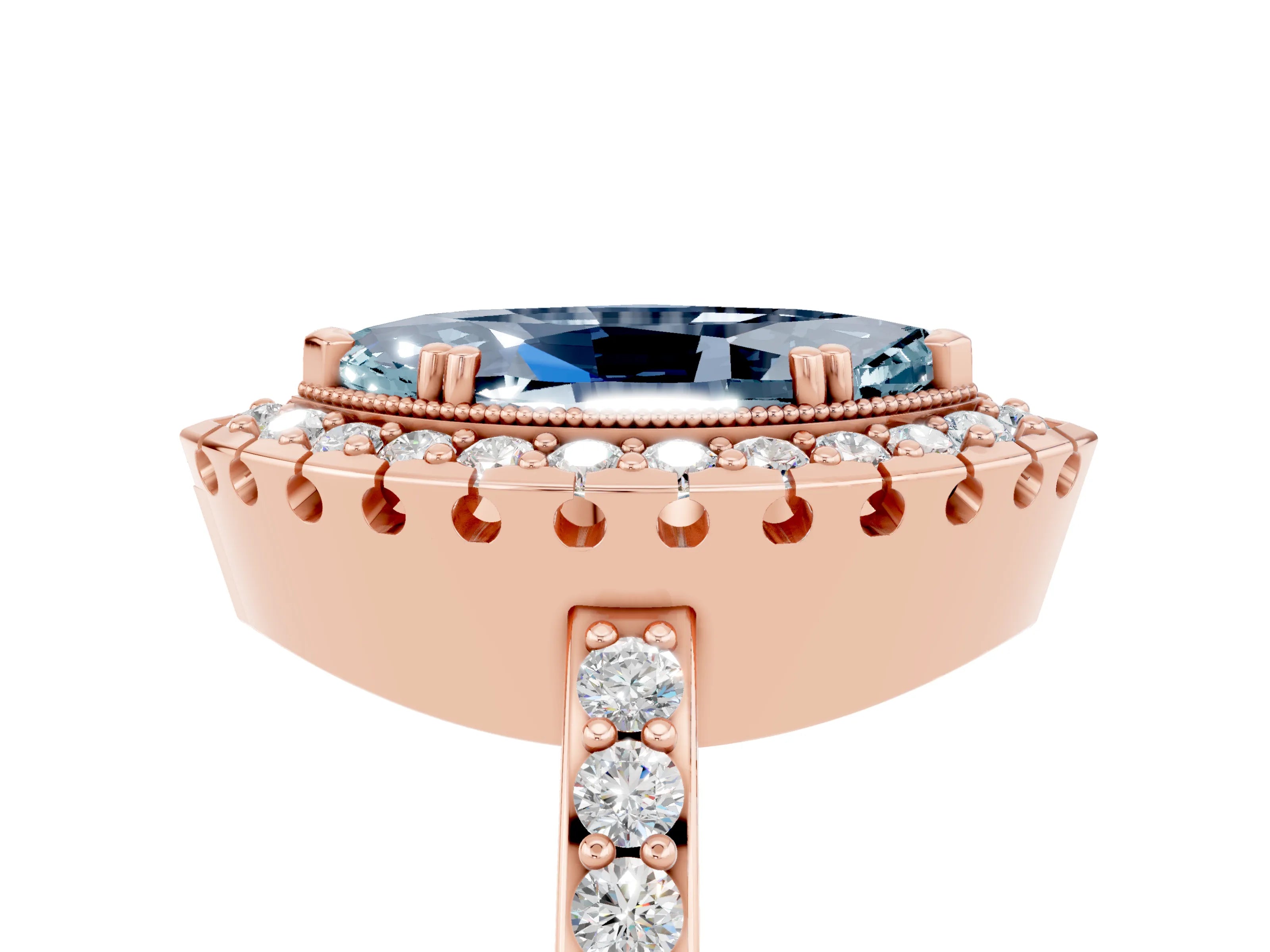 Rose gold Marquise Cut Diamond Halo Ring with Pavé Band and Prong Setting_5