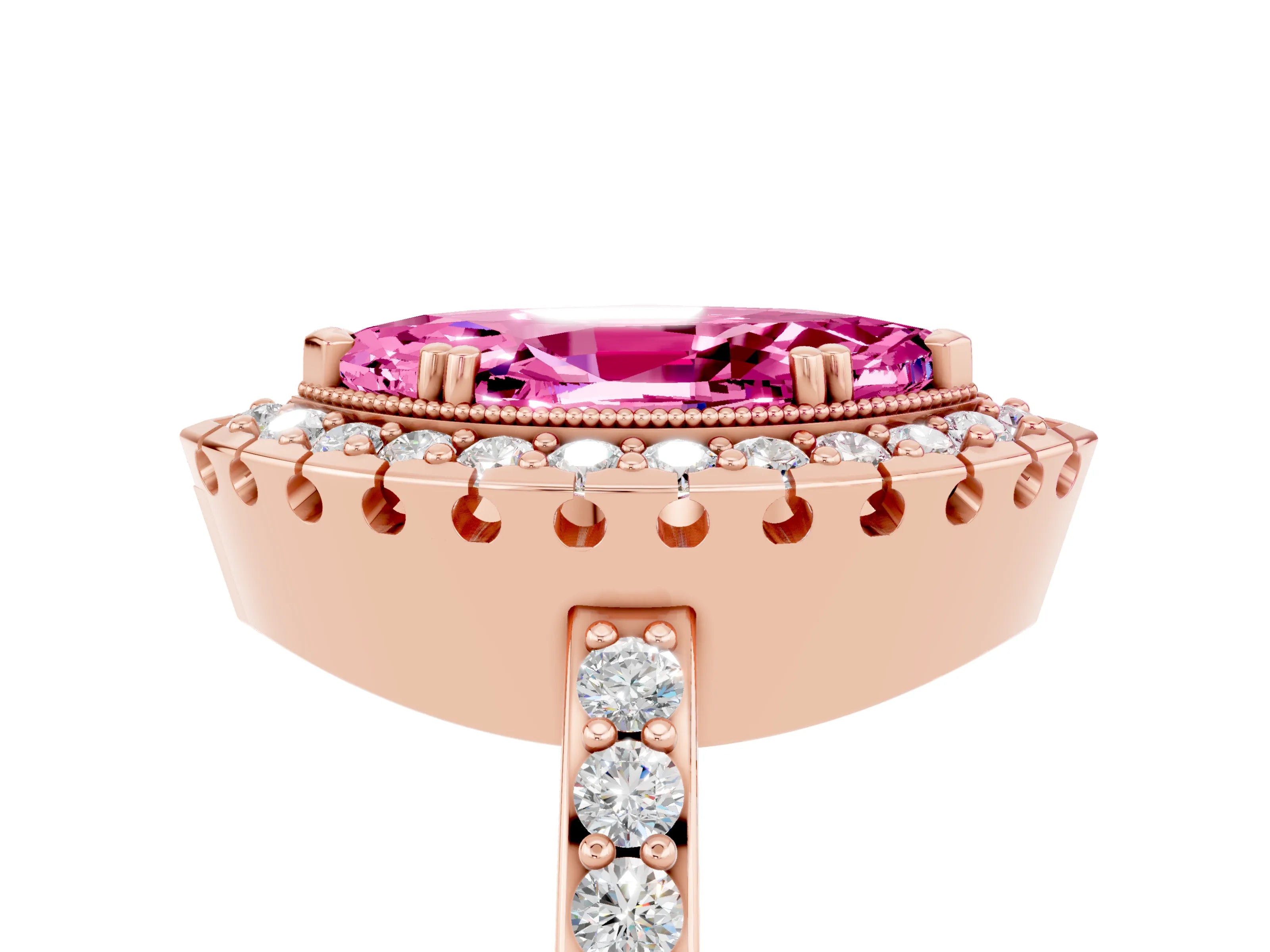Rose gold Marquise Cut Diamond Halo Ring with Pavé Band and Prong Setting_5