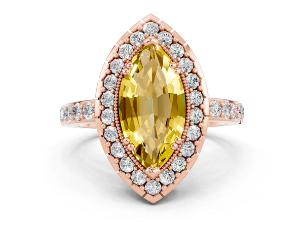 Rose gold Marquise Cut Yellow Sapphire Halo Ring with Pavé Band and Prong Setting