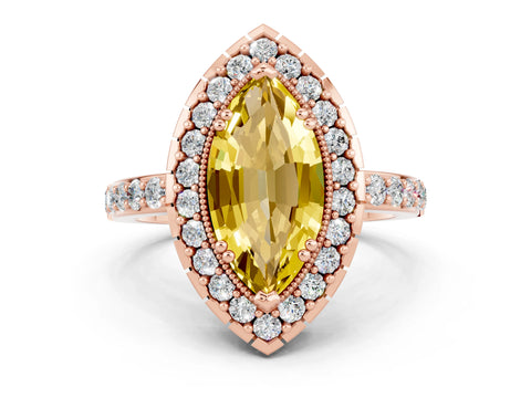 Rose gold Marquise Cut Diamond Halo Ring with Pavé Band and Prong Setting