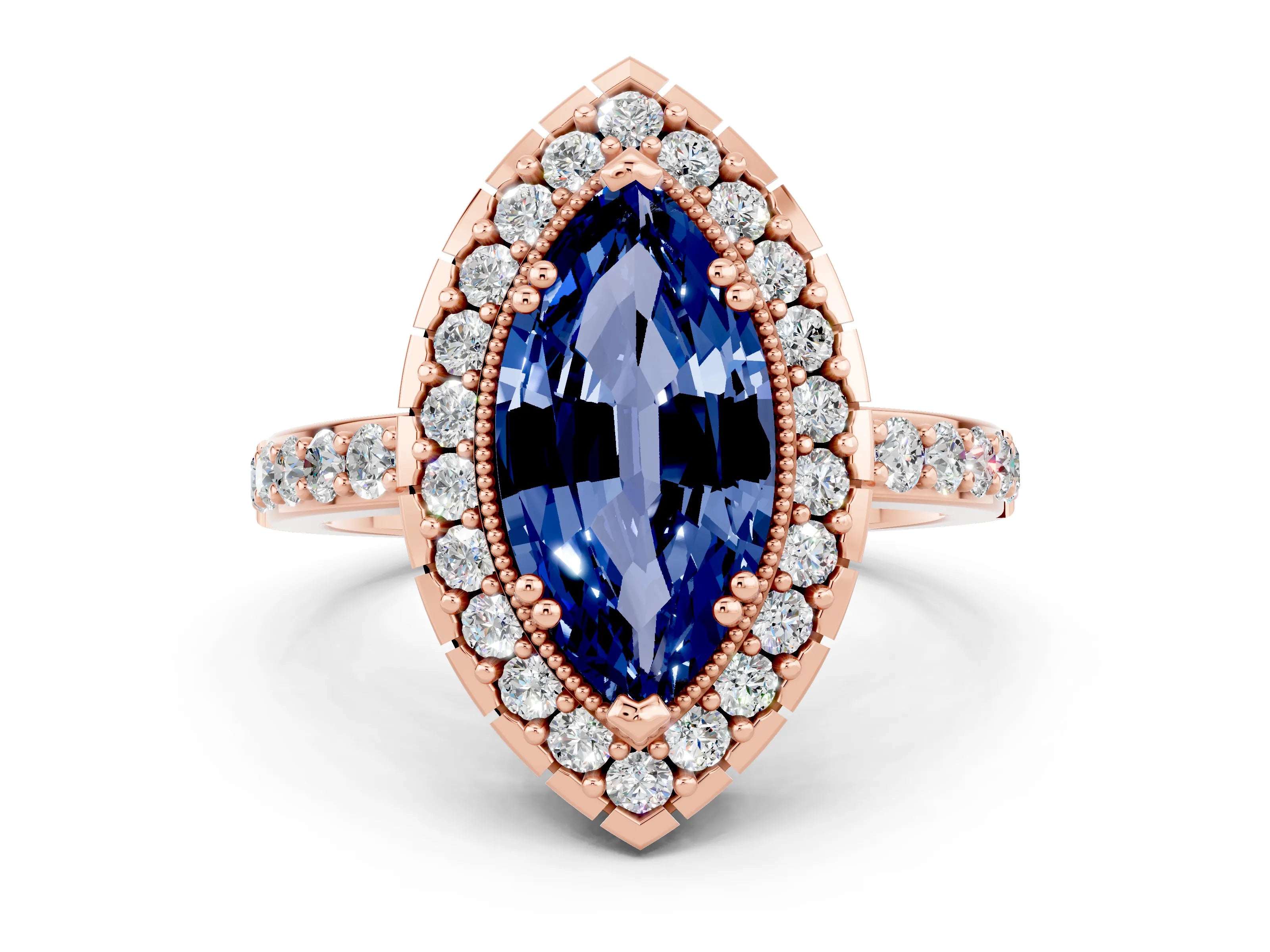 Rose gold Marquise Cut Diamond Halo Ring with Pavé Band and Prong Setting