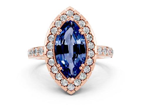 Rose gold Marquise Cut Diamond Halo Ring with Pavé Band and Prong Setting