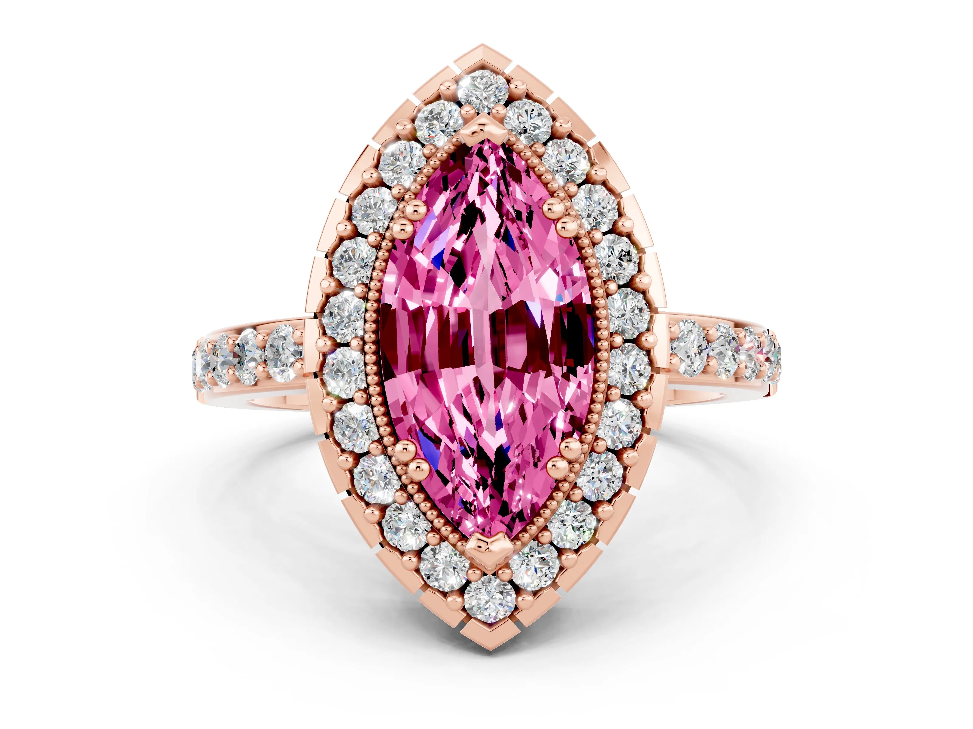 Rose gold Marquise Cut Diamond Halo Ring with Pavé Band and Prong Setting