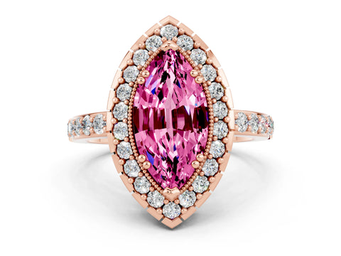 Rose gold Marquise Cut Diamond Halo Ring with Pavé Band and Prong Setting