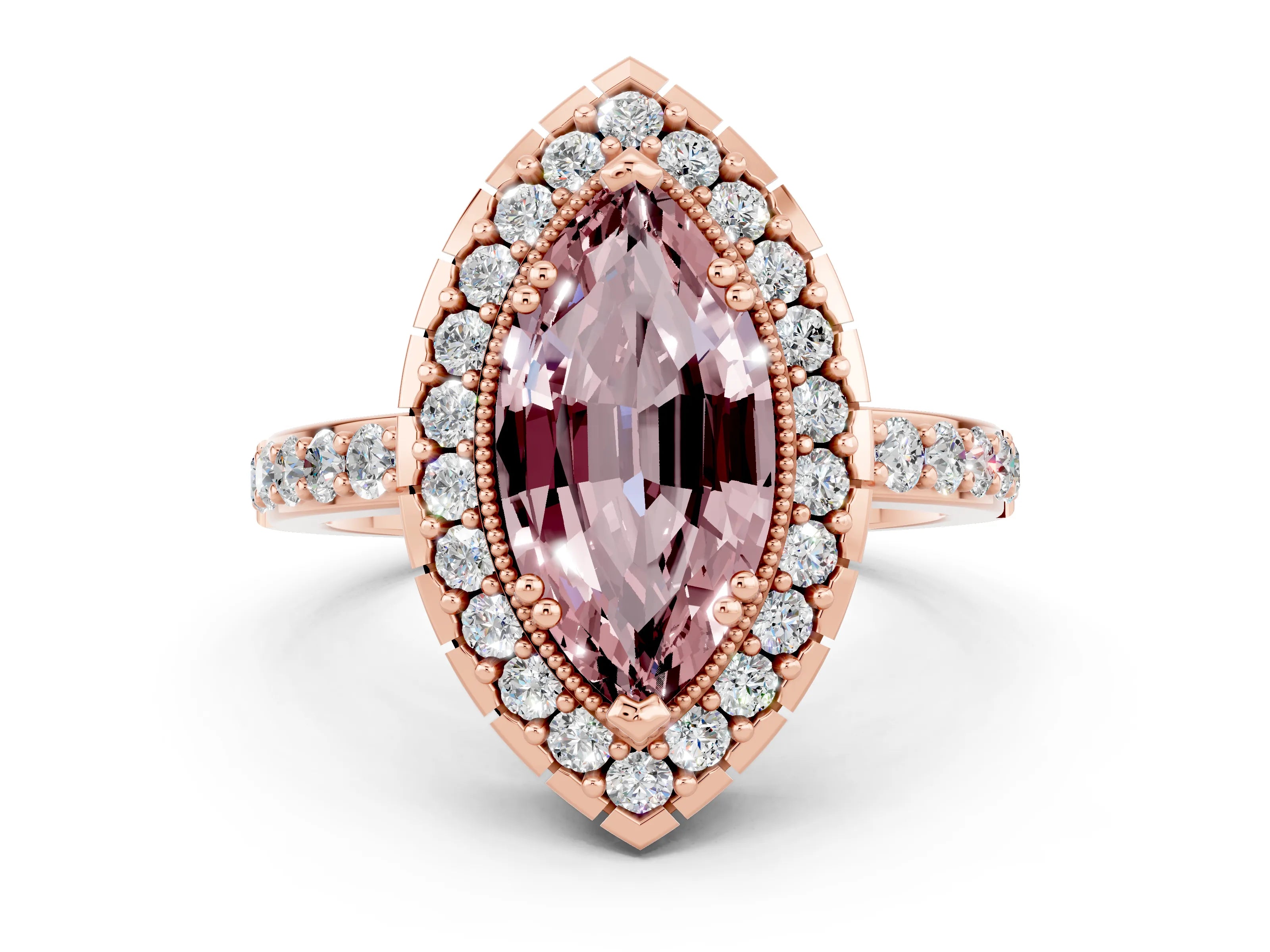 Rose gold Marquise Cut Diamond Halo Ring with Pavé Band and Prong Setting