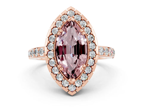 Rose gold Marquise Cut Diamond Halo Ring with Pavé Band and Prong Setting