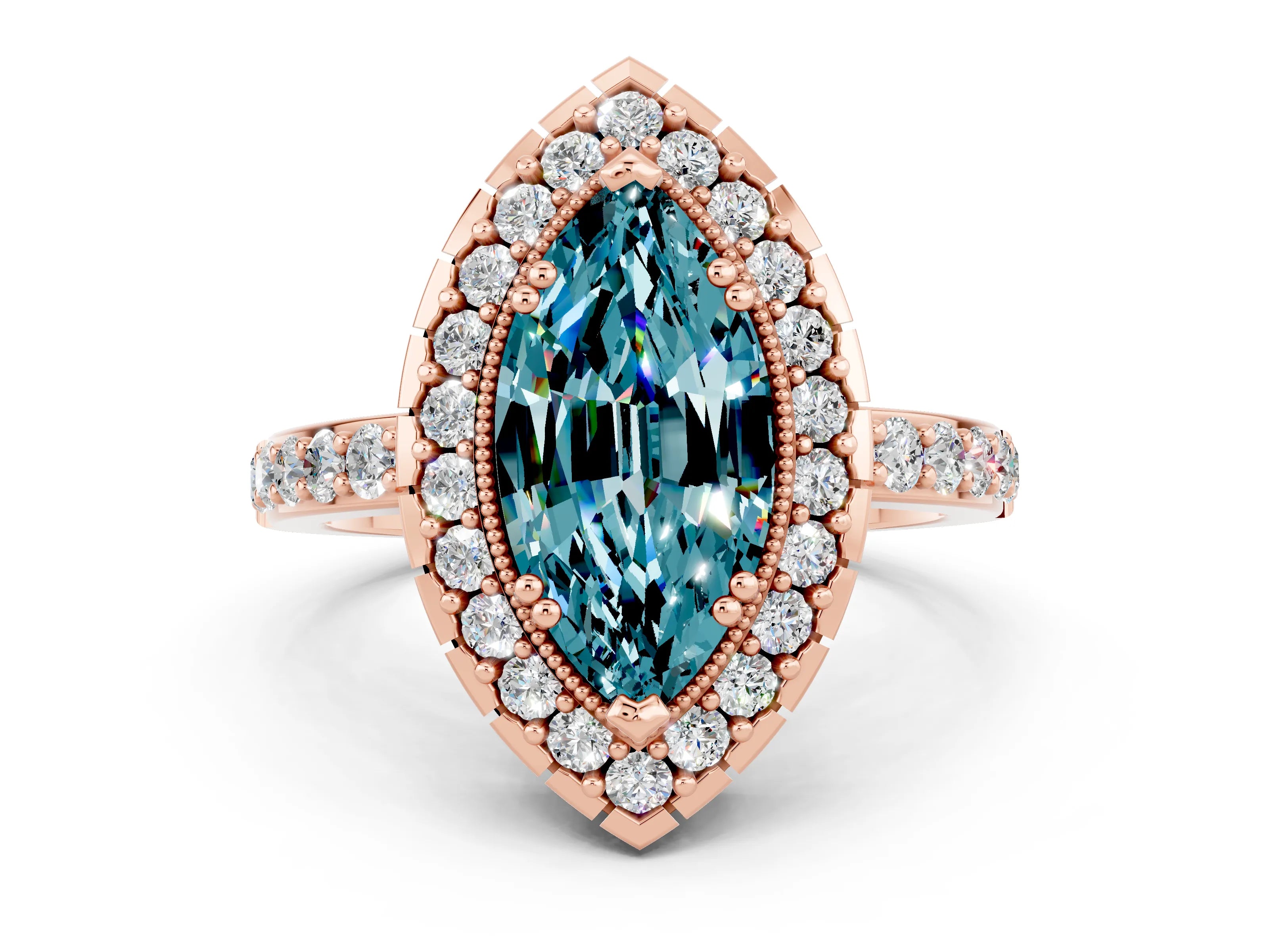 Rose gold Marquise Cut Diamond Halo Ring with Pavé Band and Prong Setting