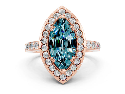Rose gold Marquise Cut Diamond Halo Ring with Pavé Band and Prong Setting