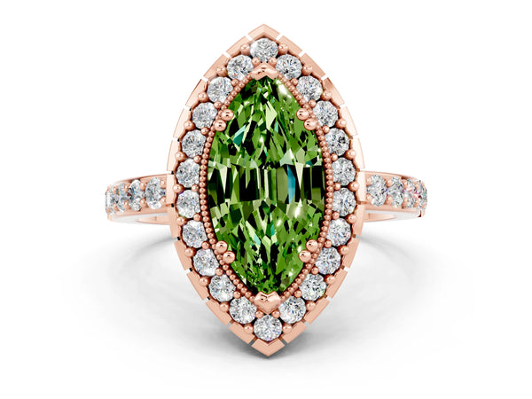 Rose gold Marquise Cut Peridot Halo Ring with Pavé Band and Prong Setting