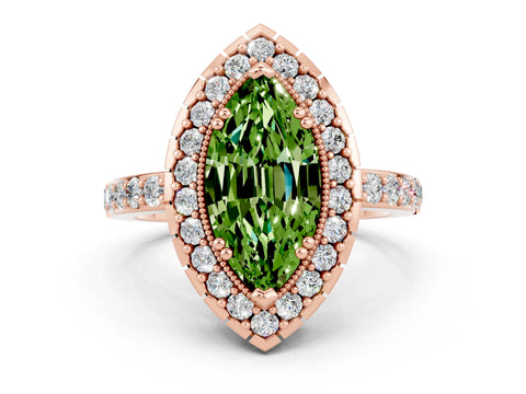 Rose gold Marquise Cut Diamond Halo Ring with Pavé Band and Prong Setting